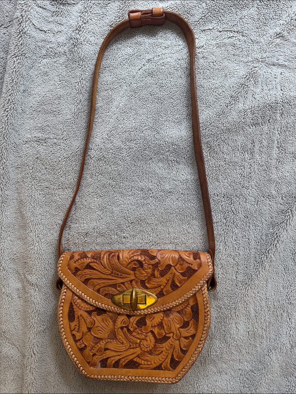 Vintage Hand-Tooled Brown Leather Crossbody Bag Purse Floral
